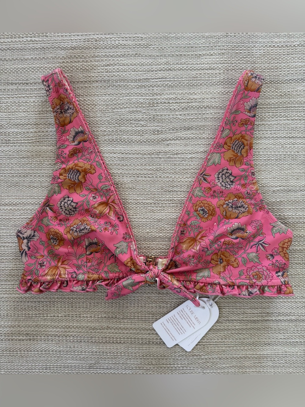 Louise Misha Ohau pink strawberry bohemian ruffle bikini top women’s size XL NWT